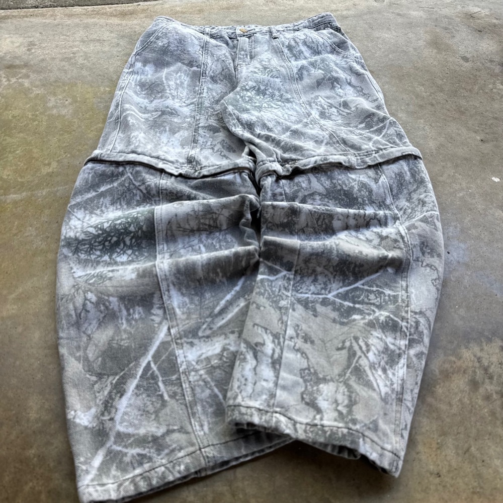 Vintage Y2K Abercrombie Style Winter Camo Jorts Zip Off Cargo Pants Grey 32x30
